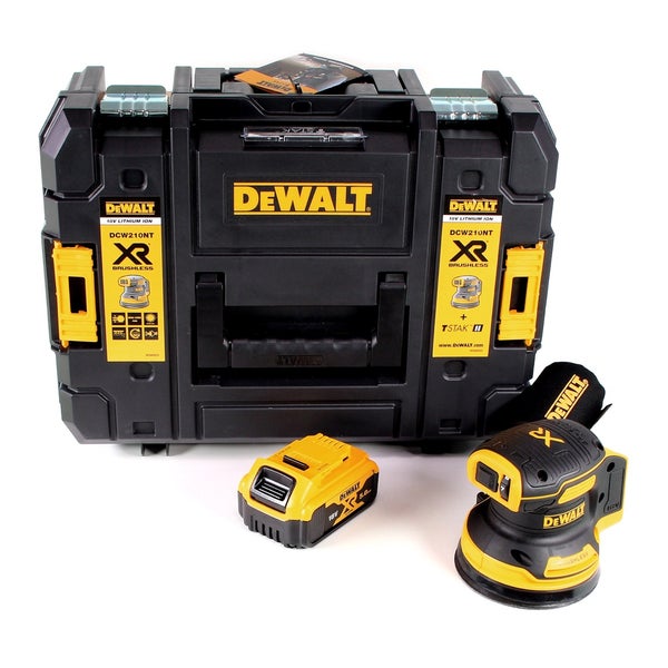 DeWalt Akku-Exzenterschleifer Set mit bürstenlosem Motor, 18 Volt Akku, Staubfangbeutel und TSTAK Werkzeugkoffer.
