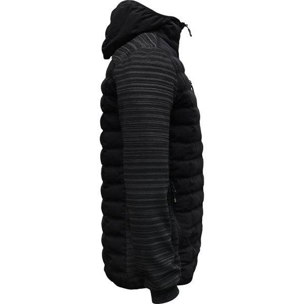Hybrid-Arbeitsjacke mit Kapuze, gestepptem Rumpf und strukturierten Ärmeln, Seitenansicht.