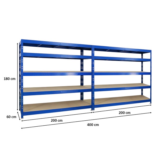 PROREGAL Mega Deal 2x Profi Schwerlastregal Rhino HxBxT 180 x 200 x 60 cm 5 Spanplatten-Ebenen 8mm Fachlast 500 kg Blau