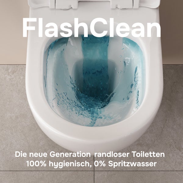 Draufsicht auf eine spülrandlose Toilette mit FlashClean Spültechnologie, die für hygienische Reinigung ohne Spritzwasser sorgt.