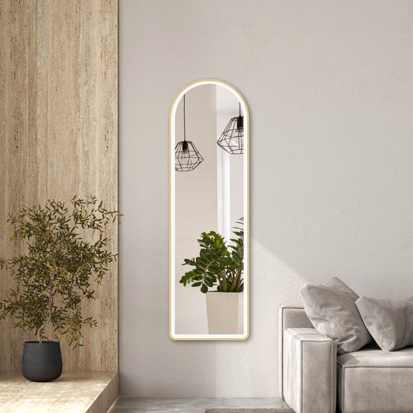 EMKE Bogen Standspiegel Gold, 147 x 45 cm, Ganzkörperspiegel mit LED-Beleuchtung, 3 einstellbare Lichtfarben und dimmbar, Aluminiumrahmen, ideal für Wohn-, Schlaf-, Aufenthalts- und Ankleidezimmer