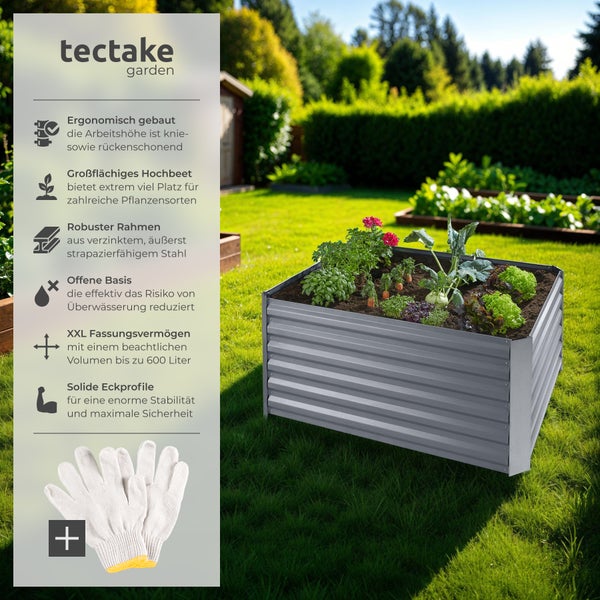 Hochbeet aus Stahl im Garten mit Gartenhandschuhen