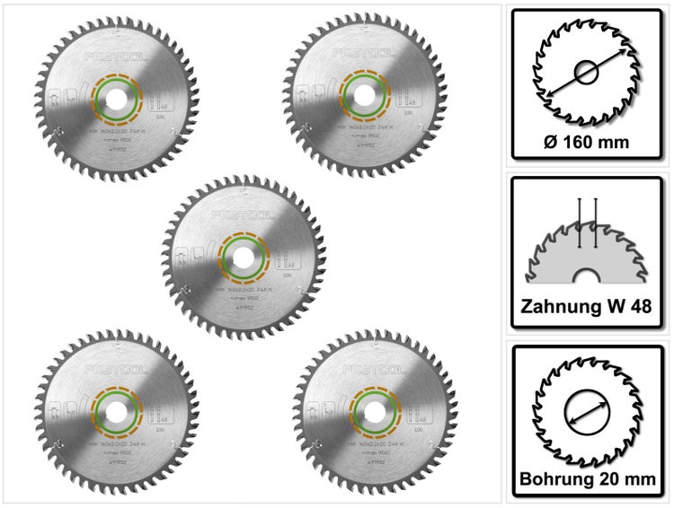 Festool Sägeblatt mit 160 Millimeter Durchmesser, 48 Zähnen und 20 Millimeter Bohrung, fünf Stück