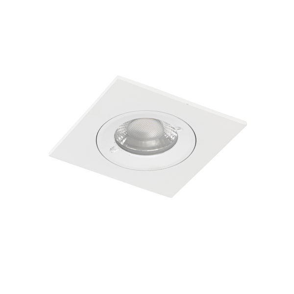 Quadratischer LED-Einbaustrahler in Weiß mit rundem Leuchtmitteleinsatz.