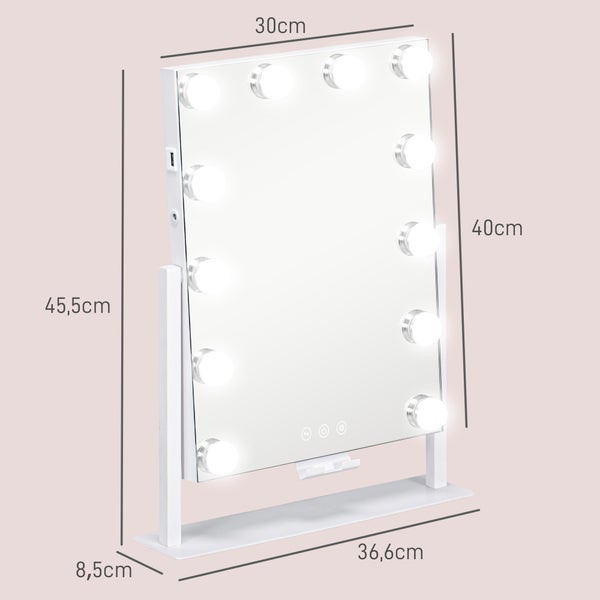 HOMCOM Hollywood Spiegel mit Beleuchtung, Schminkspiegel mit 12 LED Licht, 3 Lichtfarben, 360° Drehbar Kosmetikspiegel mit USB-Ladeanschluss, 10X Vergrößerung, Handyhalterung und Touchschalter