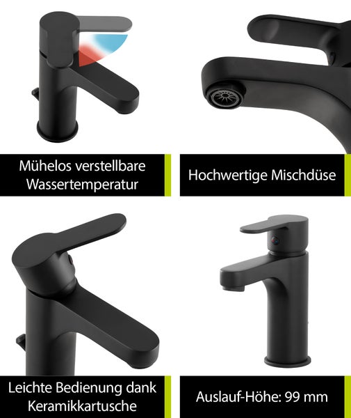 Vier Ansichten einer schwarzen Armatur mit Temperaturanzeige, Mischdüse, Keramikkartusche und Auslaufhöhe 99 Millimeter