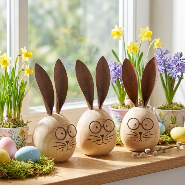 Drei Osterhasen-Figuren aus Holz mit Metallohren und aufgemalter Brille, dekoriert auf einem Fensterbrett mit Frühlingsblumen und Ostereiern.