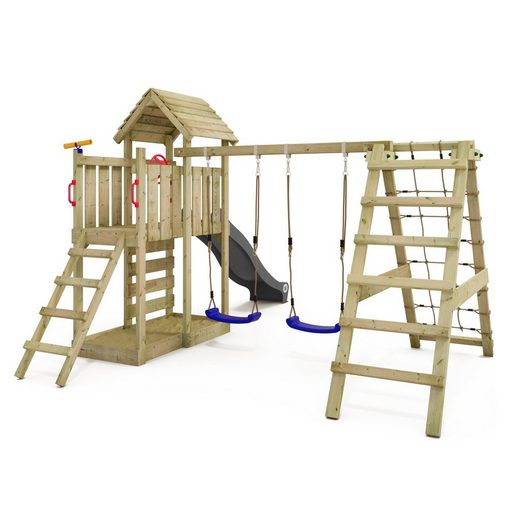 WICKEY Spielturm Klettergerüst RocketFlyer mit Schaukel und Rutsche, Kletterturm mit Sandkasten, Kletteranbau und Spiel-Zubehör - anthrazit