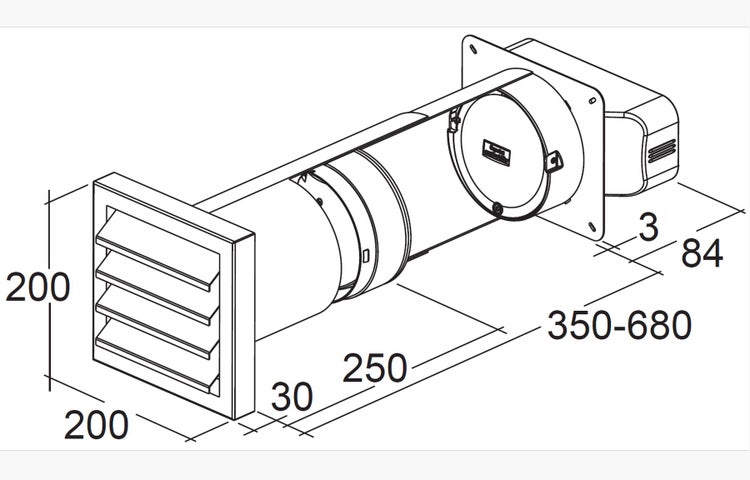 Technische Zeichnung eines Mauerkastens mit Abluftgitter, Anschlussrohr und Teleskopfunktion mit Maßangaben in Millimeter.