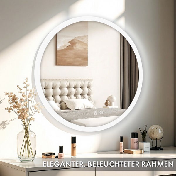 Floordirekt Badspiegel Liora mit LED-Beleuchtung Touch-Bedienung Weiß Ø 70 cm