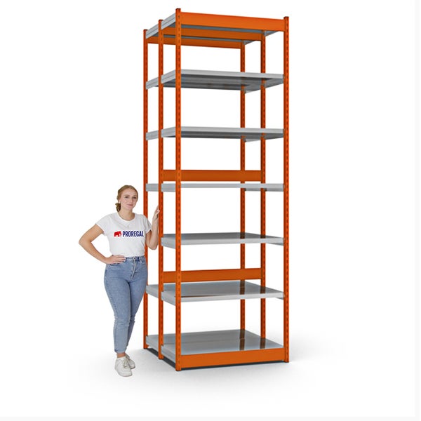 PROREGAL Fachbodenregal Stecksystem Vierkant-Profil Grundregal HxBxT 300 x 102,5 x 40 cm 2x7 Ebenen Doppelseitige Bauart Fachlast 200 kg Orange