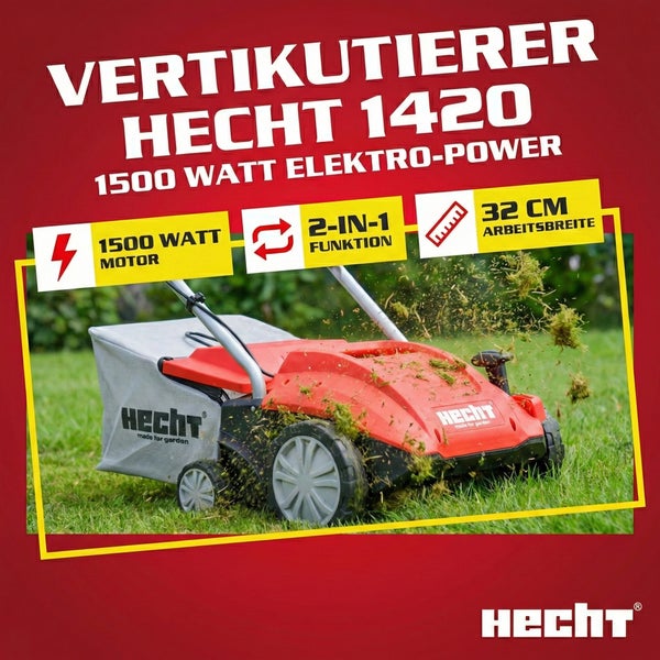 Hecht 1420 Vertikutierer mit 1500 Watt Elektro-Power und 32 Zentimeter Arbeitsbreite