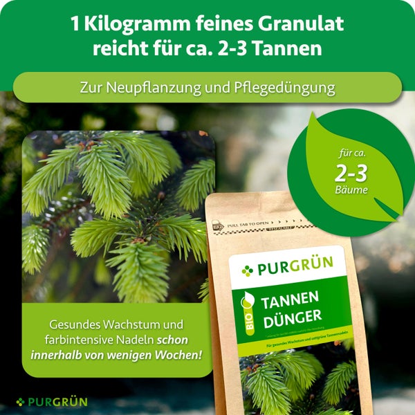 Purgrün Tannendünger in einer wiederverschließbaren Verpackung zur Neupflanzung und Pflegedüngung für Tannen mit Bild von Tannenzweigen.