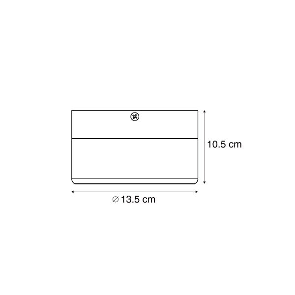 Maßzeichnung einer runden Leuchte mit einem Durchmesser von 13,5 Zentimetern und einer Höhe von 10,5 Zentimetern.
