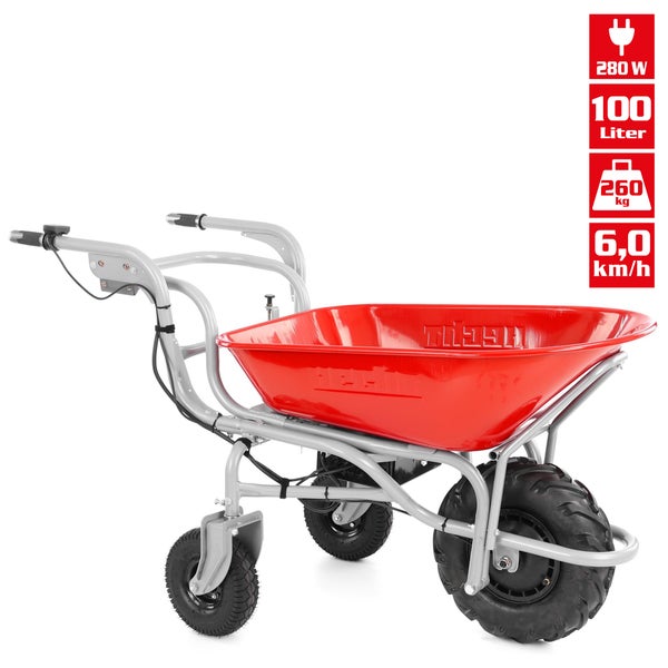 Elektrische Schubkarre mit einer Leistung von 280 Watt, einem Fassungsvermögen von 100 Litern, einer Traglast von 260 Kilogramm und einer Geschwindigkeit von 6 Kilometern pro Stunde.