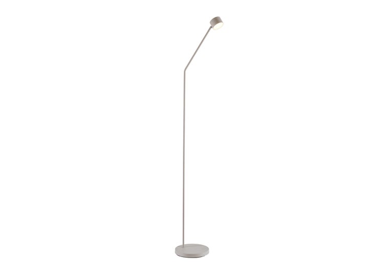 Moderne schmale LED Stehleuchte mit rundem Standfuß und verstellbarem Leuchtenkopf zur punktuellen Beleuchtung.