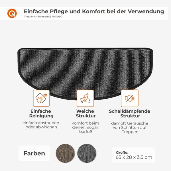 Halbrunde Treppenstufenmatte mit weicher, schalldämmender Struktur, leicht zu reinigen, Größe 65 mal 28 mal 3,5 Zentimeter, in zwei Farben.