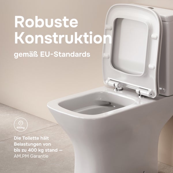 Stand WC mit offener Spülrandkonstruktion und belastbarem WC Sitz mit einer Tragkraft von 400 Kilogramm gemäß europäischen Standards.