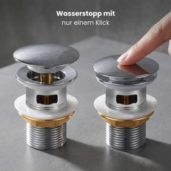 Waschbecken-Ablaufventil mit Click-System aus Metall in geöffneter und durch Fingerdruck geschlossener Position.