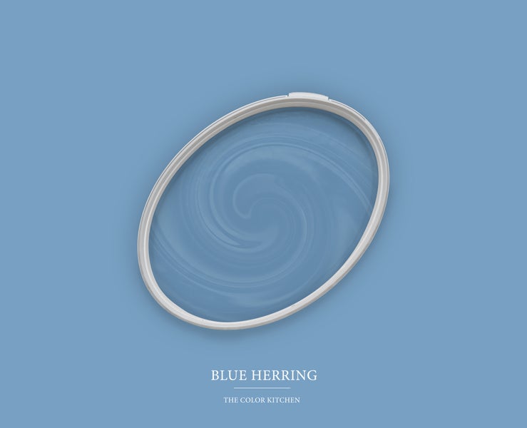 Wandfarbe The Color Kitchen Blue Herring als Farbwirbel in einem Farbeimerdeckel