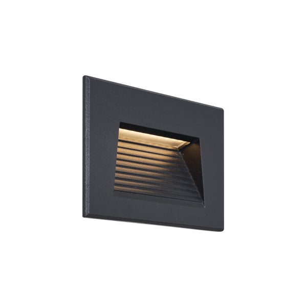 Rechteckige LED-Wandeinbauleuchte in Schwarz mit warmweißem Lichtaustritt und Lamellenstruktur.