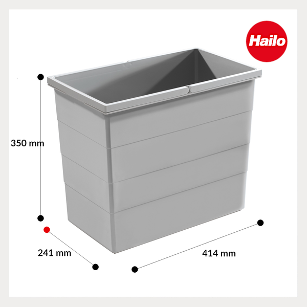 Grauer Hailo Abfalleimer aus Kunststoff mit Maßen: Höhe 350 Millimeter, Breite 414 Millimeter, Tiefe 241 Millimeter. Hailo Logo.