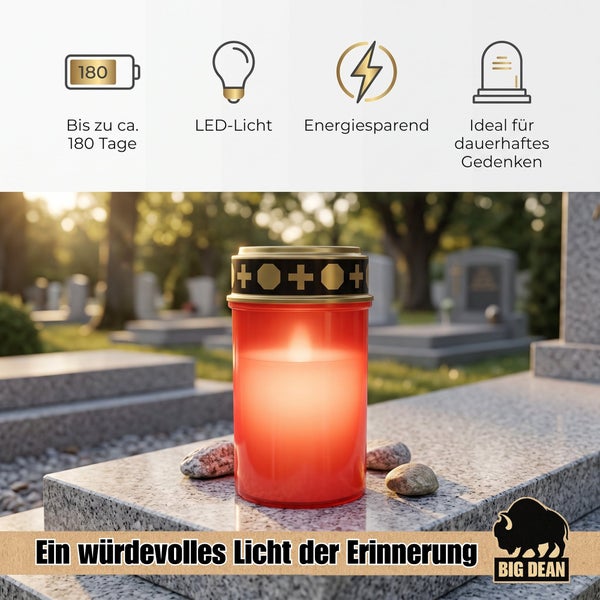 LED Grablicht mit 180 Tagen Leuchtdauer auf einem Grabstein mit Big Dean Logo.