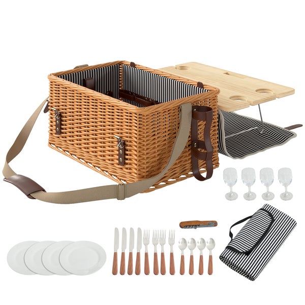 Outsunny Picknickkorb aus Weidenholz Picknickkoffer für 4 Personen mit Picknickdecke Besteck Set, Flascheöffner Picknicktisch Picknick Set Komplettset für Camping Strand Weihnachten Hellbraun
