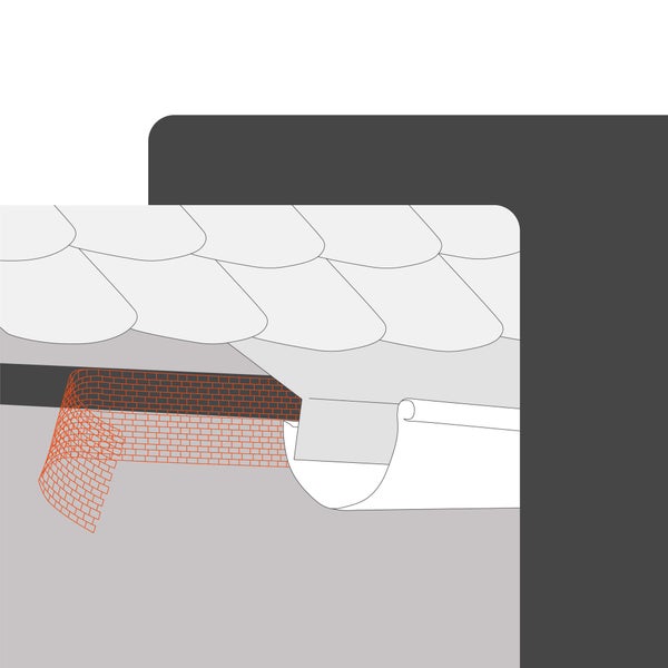 Schematische Darstellung der Montage eines Vogelschutzgitters an der Dachrinne unter den Dachziegeln.