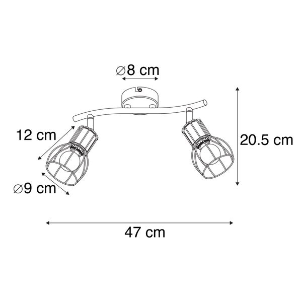 Abmessungen einer Deckenleuchte mit zwei Strahlern und Käfigschirm