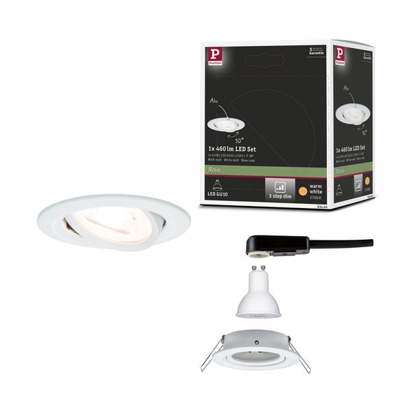 Paulmann LED Einbaustrahler Set Nova, Aluminium weiß matt, schwenkbar, inklusive GU10 Leuchtmittel, 460 Lumen, warmweiß, dimmbar in drei Stufen.