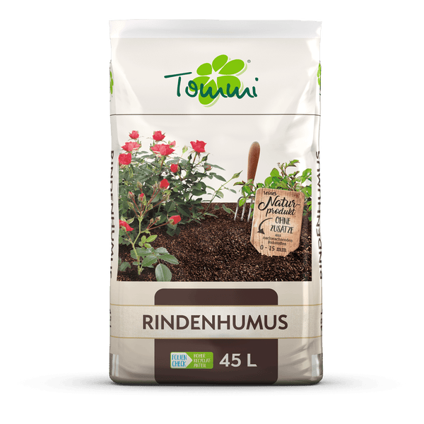 Tommi Logo, 45 Liter Rindenhumus, Körnung 0 bis 15 Millimeter, reines Naturprodukt aus nachwachsenden Rohstoffen, hoher Recyclinganteil.