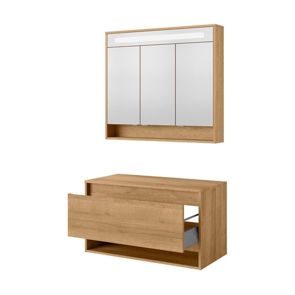 FACKELMANN NATURA Badmöbel Set 2 Teile / Waschbeckenunterschrank mit Schublade / LED Spiegelschrank mit Beleuchtung und 3D-Effekt / Soft-Close-System / Korpus & Front: Braun / Breite: 94 cm