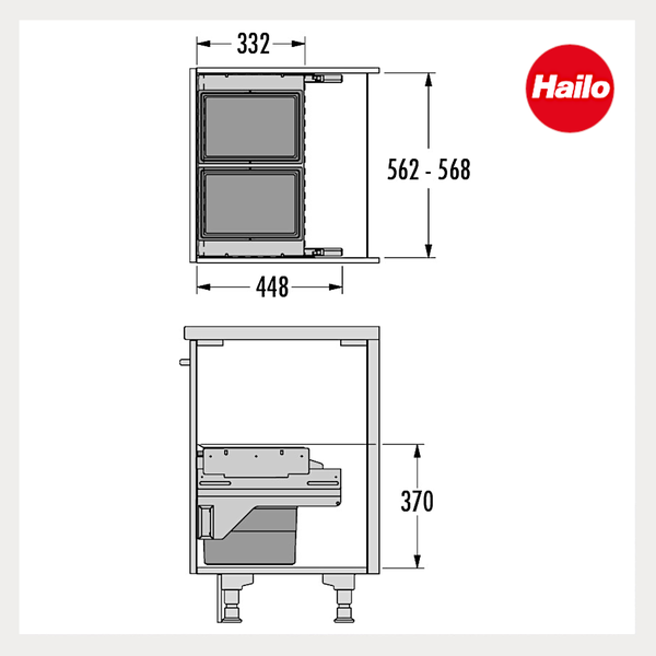 Maßzeichnung für Hailo Abfalltrennsystem: Breite 332 bis 448 Millimeter, Höhe 562 bis 568 Millimeter und 370 Millimeter. Hailo Logo.