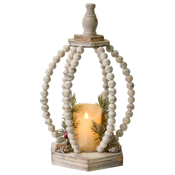 Dekorative LED-Laterne mit Holzkugeln und Kunstpflanzen
