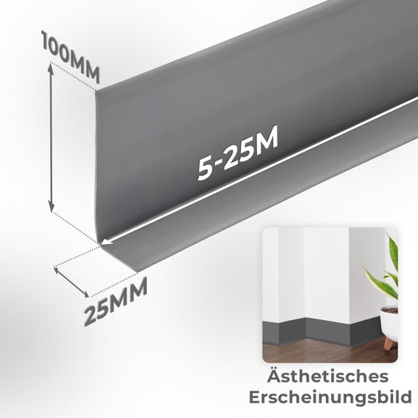 Sockelleiste aus Kunststoff mit einer Hohe von 100 Millimetern und einer Tiefe von 25 Millimetern zur Wandmontage.