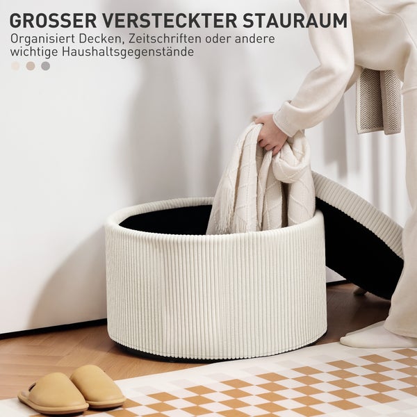HOMCOM Sitzhocker mit Stauraum Hocker mit Deckel, Runder Polsterhocker Fußhocker mit Cord-Optik für Wohnzimmer, Schlafzimmer 60 x 60 x 41 cm Beige