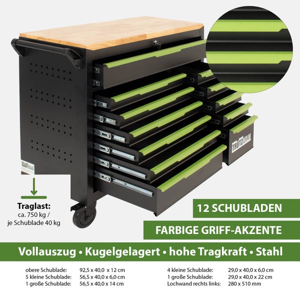Trutzholm Werkstattwagen aus Stahl mit 12 kugelgelagerten Schubladen, massiver Holz-Arbeitsplatte, Vollauszug und einer Traglast von circa 750 Kilogramm.