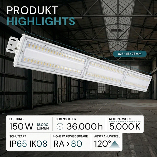 LED-Hallenstrahler 150 Watt, 18000 Lumen, 36000 Stunden Lebensdauer, 5000 Kelvin neutralweiß, IP65, IK08, Abstrahlwinkel 120 Grad.