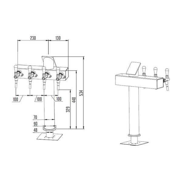 Technische Zeichnung einer Bierzapfsäule mit vier Hähnen und Maßangaben