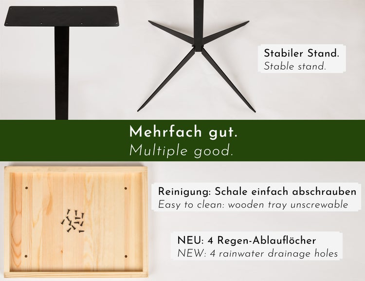 WONDERMAKE - Design Vogelhaus mit Ständer aus Metall und Holz wetterfest, modernes Vogelfutterhaus groß Metalldach stehend, Vogelhäuschen Futterhaus für Vögel zum Stellen XL