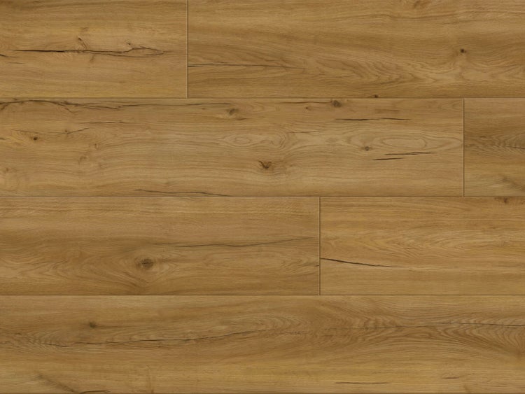 Laminatboden in Eichenoptik mit authentischer Maserung und Aststrukturen in Dielenformat.