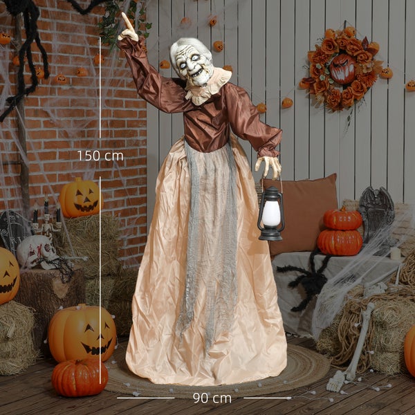 Halloween Dekofigur einer 150 cm grossen Geisterdame mit Laterne und den Massen 90 cm