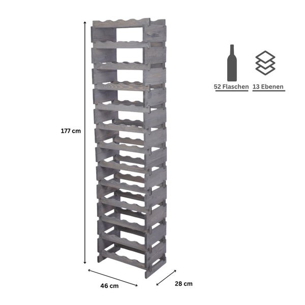 Weinregal VINOTECA FLEX PRO HxBxT 177x46x28cm 52 Flaschen auf 13 Ebenen Massives Kiefernholz Grau