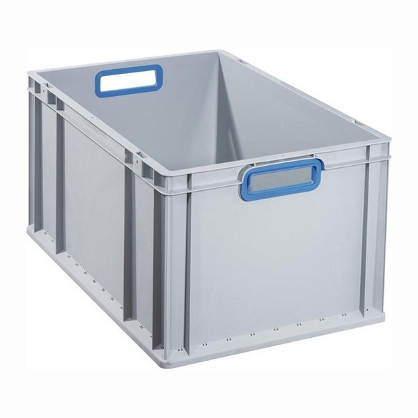 Graue Eurobox aus Kunststoff mit blauen Griffen.