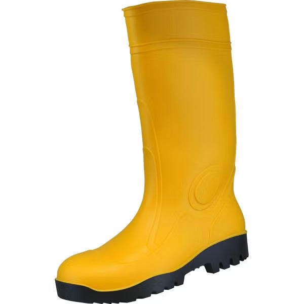 Gelber Gummistiefel mit schwarzer Profilsohle.