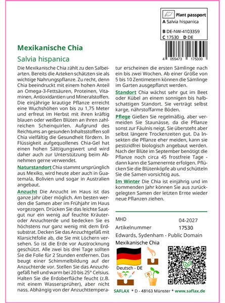 SAFLAX Geschenk Set - Mexikanische Chia - Salvia hispanica - 500 Samen - Mit Geschenkbox, Versandaufkleber, Geschenkkarte und Anzuchtsubstrat