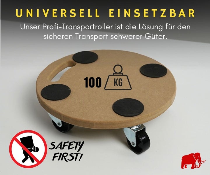 Runder Profi-Transportroller aus Holz mit 4 Anti-Rutsch-Punkten, Tragegriff und einer maximalen Tragkraft von 100 Kilogramm.
