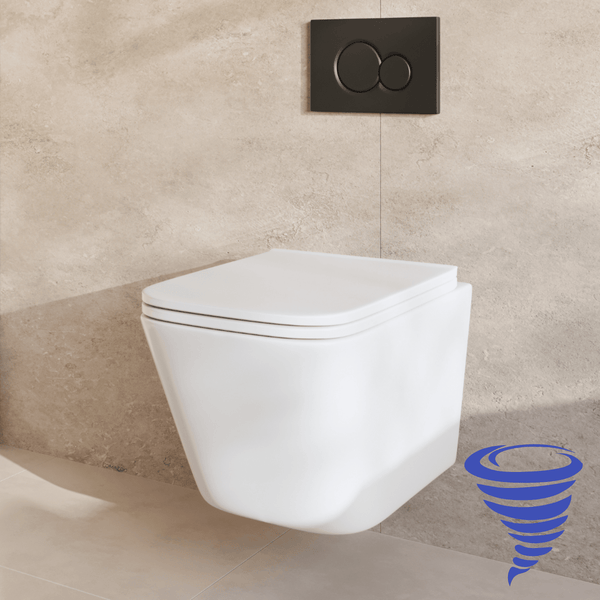 Wandhänge-WC mit Unterputz-Spülkasten-Betätigungsplatte vor einer gefliesten Wand