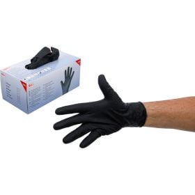 Einweg Einmalhandschuhe aus Nitril in einer Spenderbox auf einem Arm getragen